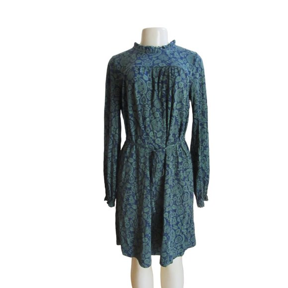 Boden Green & Blue Paisley Long Sleeve Jersey Sheath Dress w Tie Belt in Size 6L - Picture 1 of 6